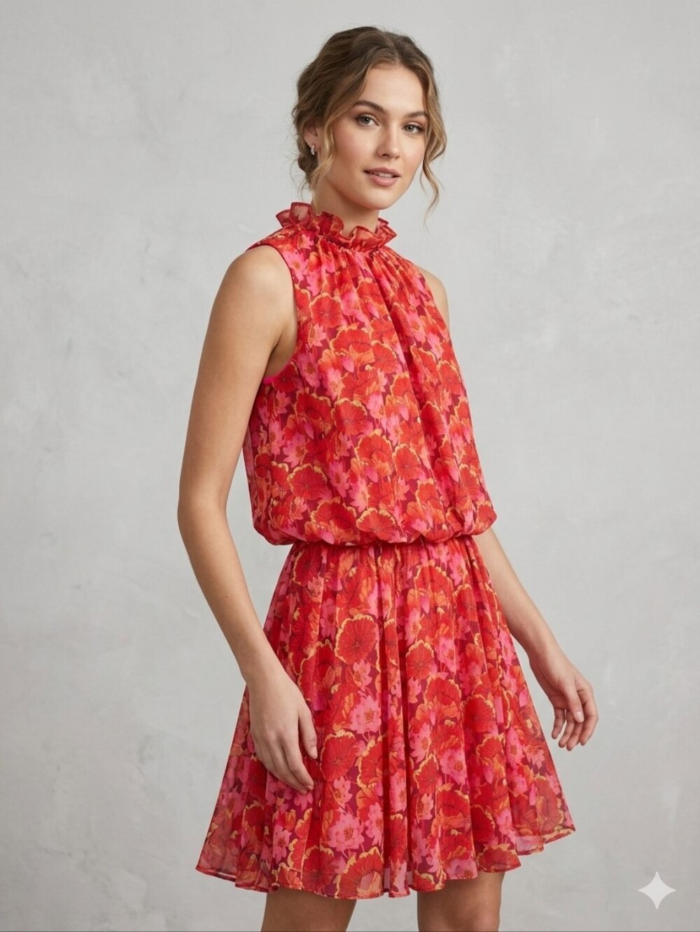Jonathan Kayne Retro Floral Chiffon Mock Neck Ruffle Blouson Dress Pink Size 2